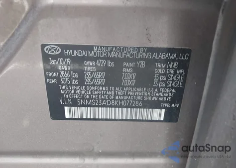 2019 Hyundai Santa Fe Se from USA, damaged, VIN 5NMS23AD8KH077286